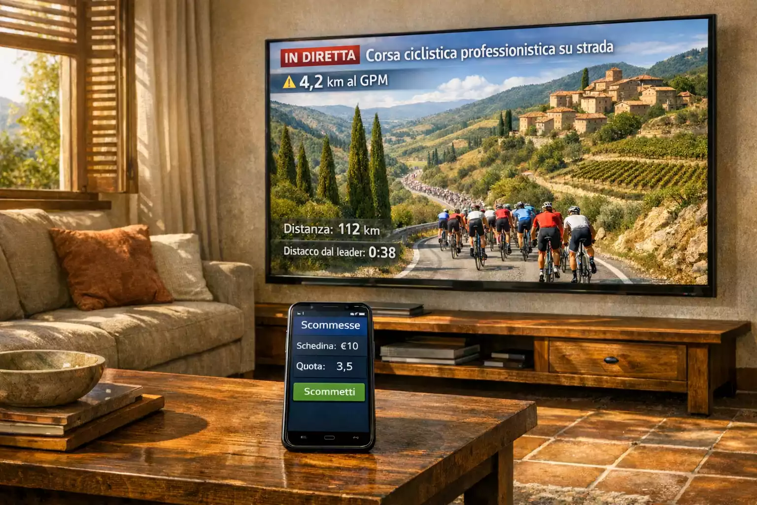Televisore che trasmette una tappa del Giro d'Italia con dati di audience sovrapposti