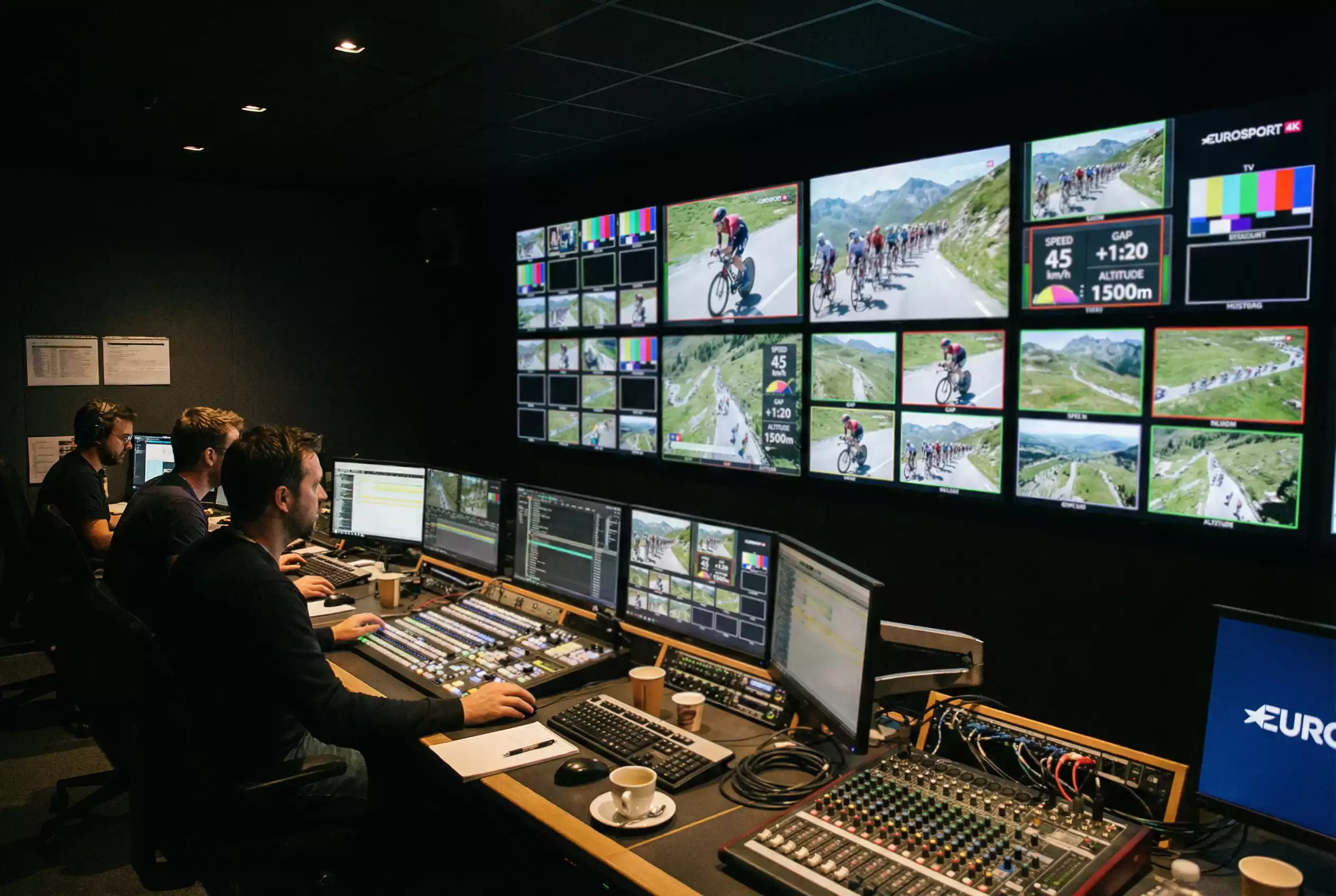 Sala regia televisiva durante la trasmissione in diretta di una corsa ciclistica professionistica