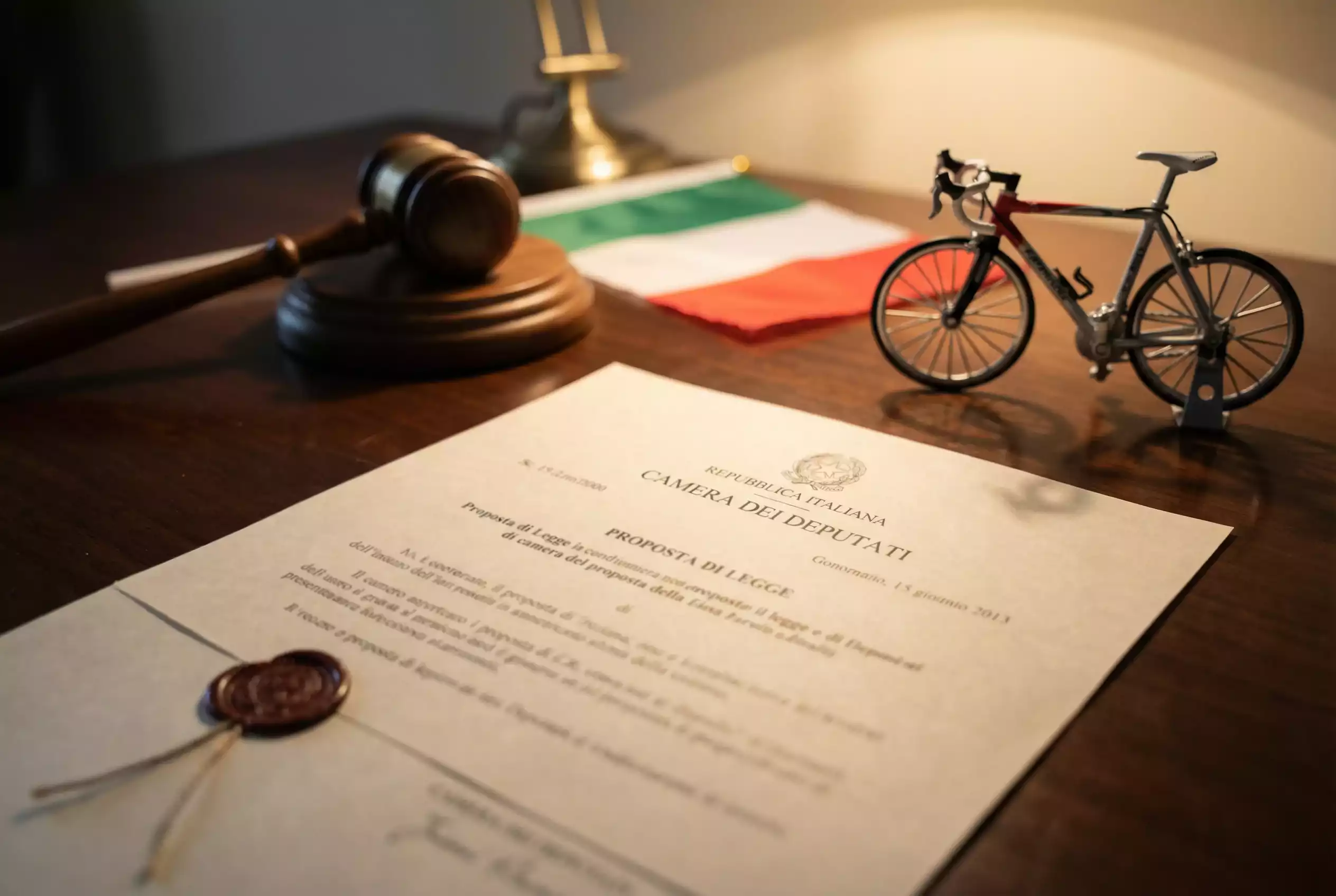 Documento legislativo italiano con il testo del Decreto Dignità accanto a una bicicletta da corsa