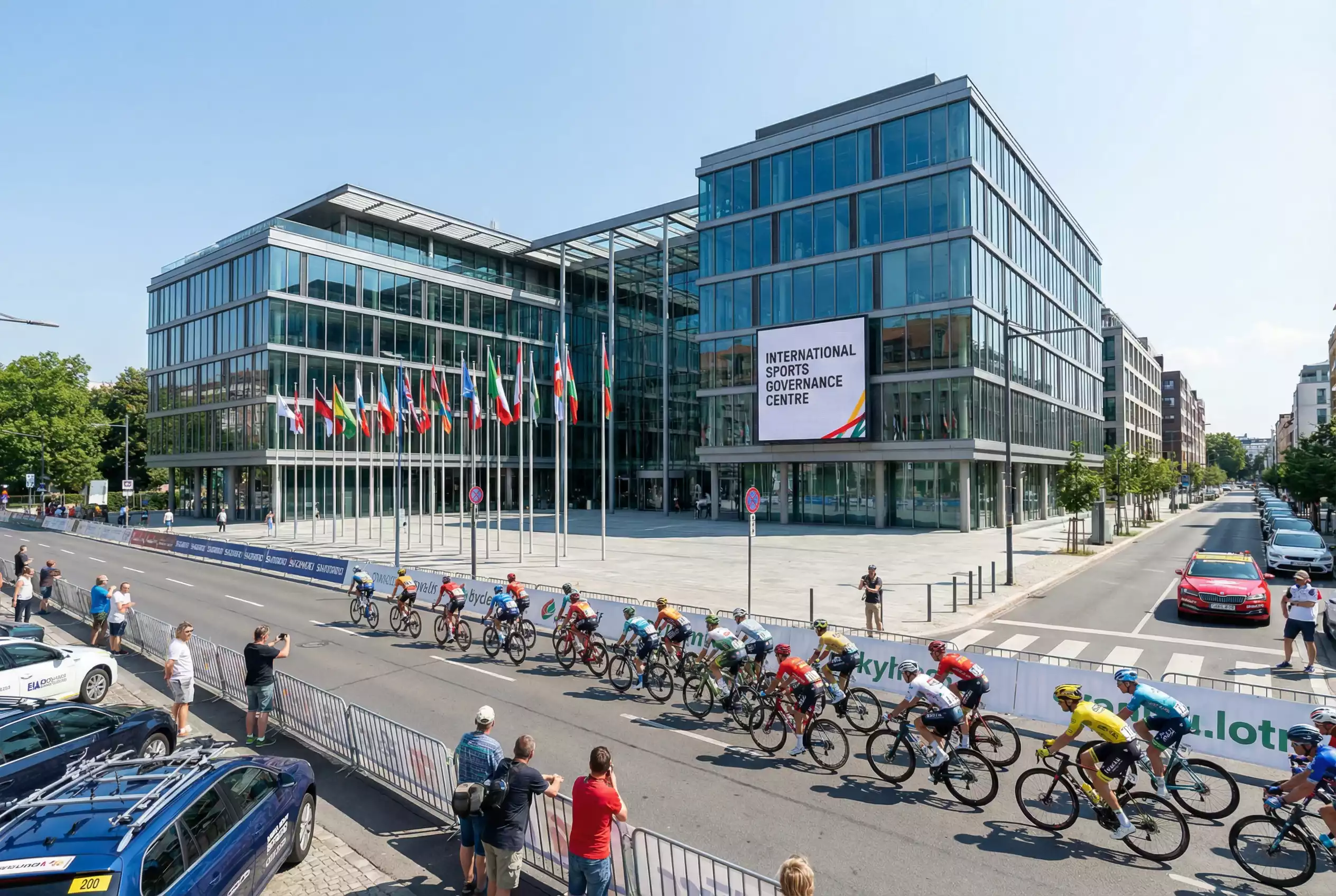 Sede istituzionale UCI con bandiere e gruppo di ciclisti professionisti in gara regolamentare