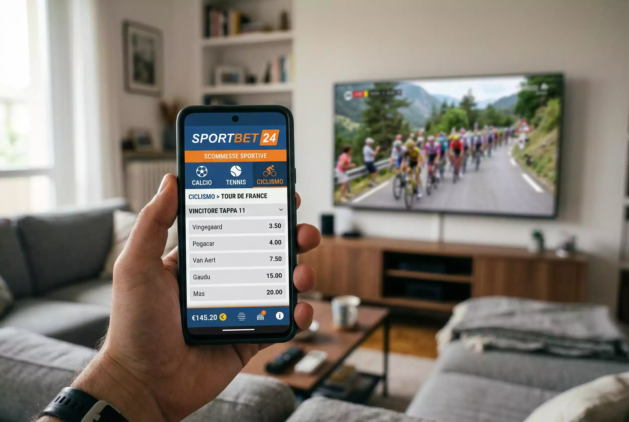 Smartphone con schermata di scommesse sportive durante una gara ciclistica