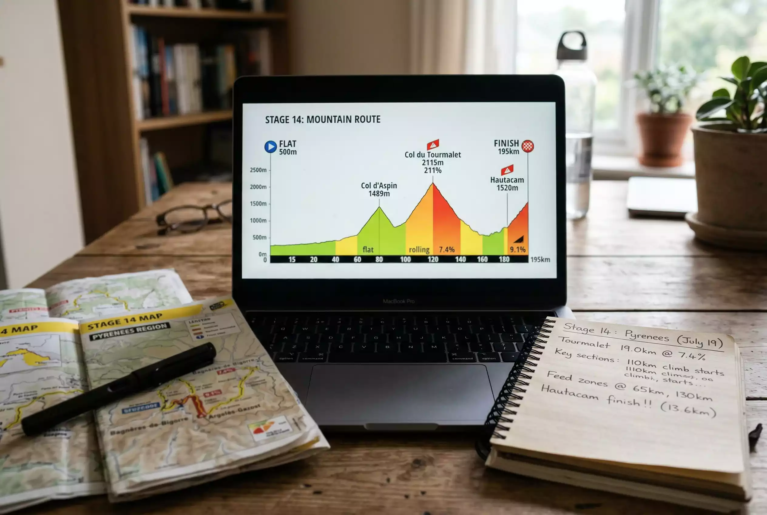 Profilo altimetrico di una tappa di ciclismo visualizzato su schermo con dati di analisi del percorso