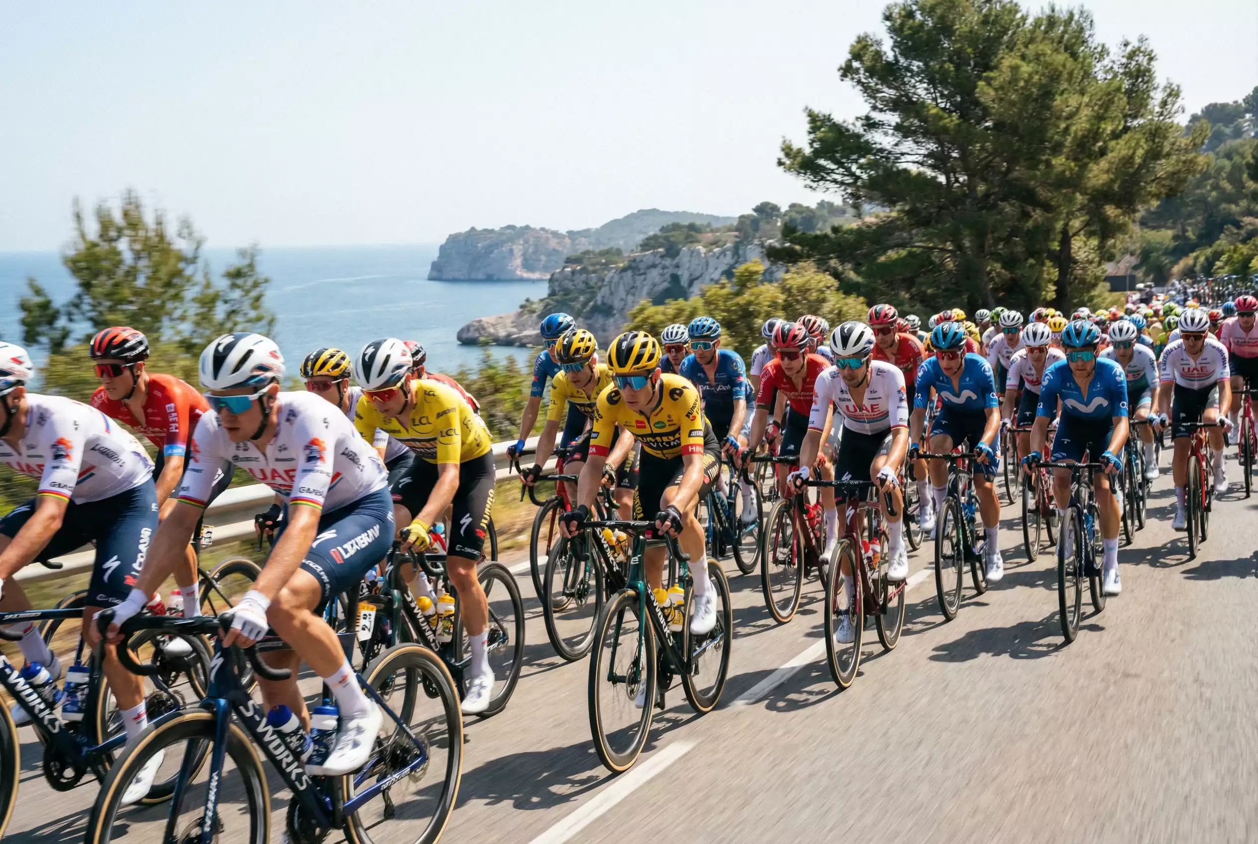 Gruppo di ciclisti professionisti in azione durante una corsa su strada in diretta