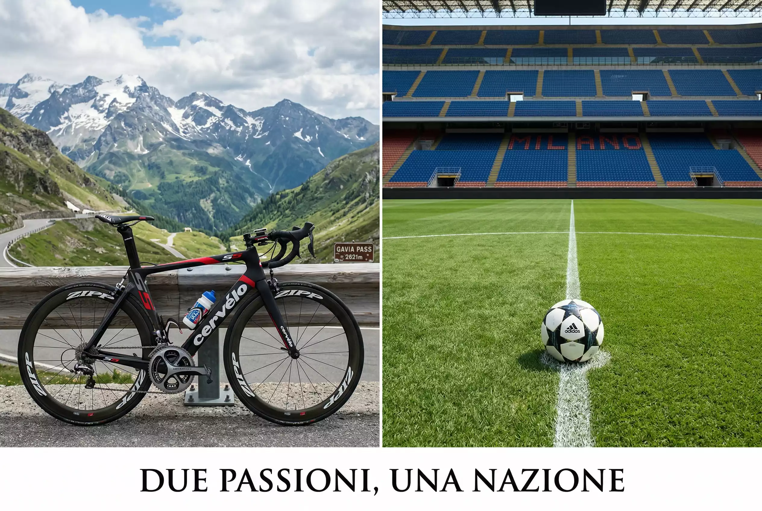 Bicicletta da corsa e pallone da calcio affiancati su un campo sportivo