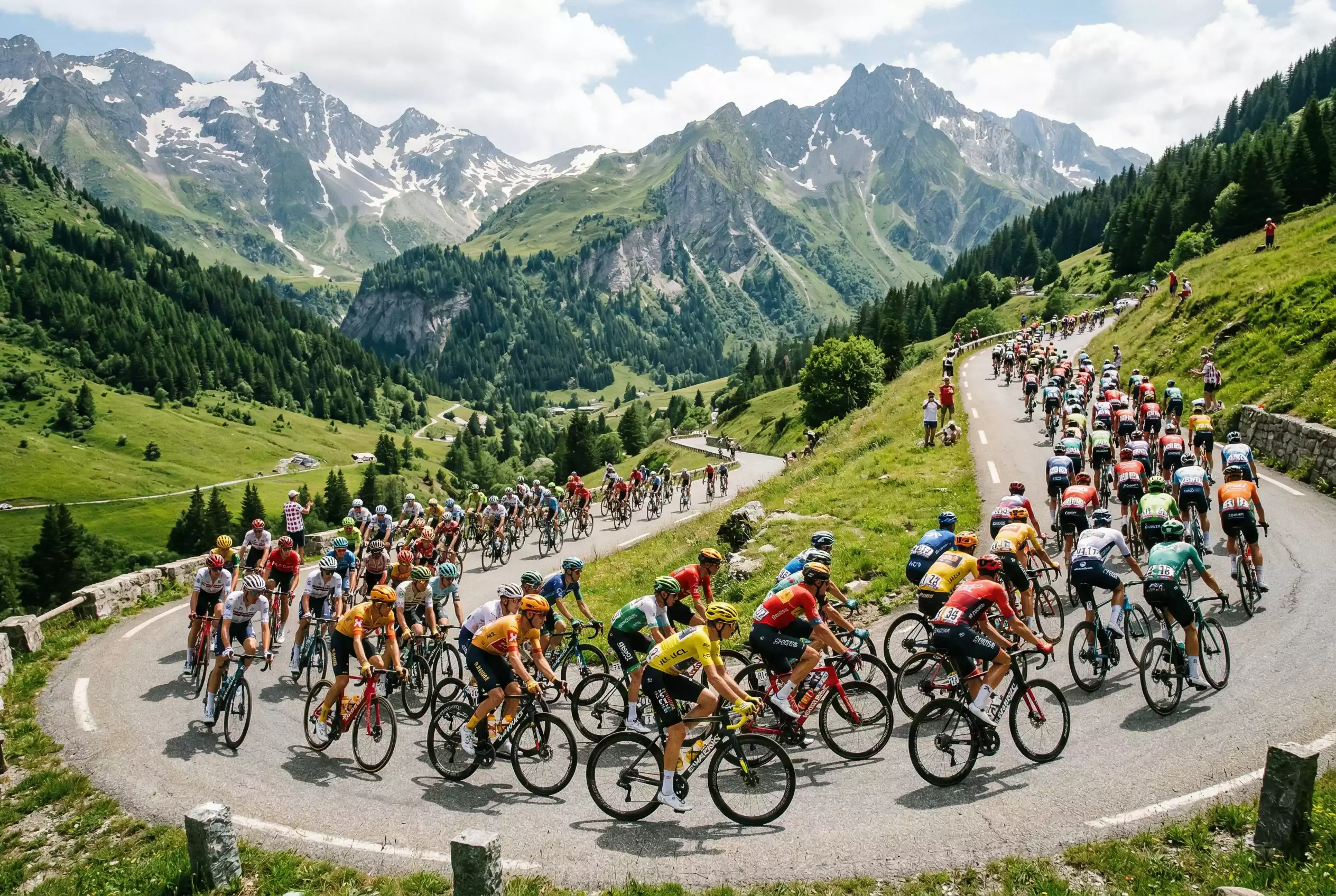Gruppo di ciclisti professionisti in salita durante una tappa di montagna del Tour de France
