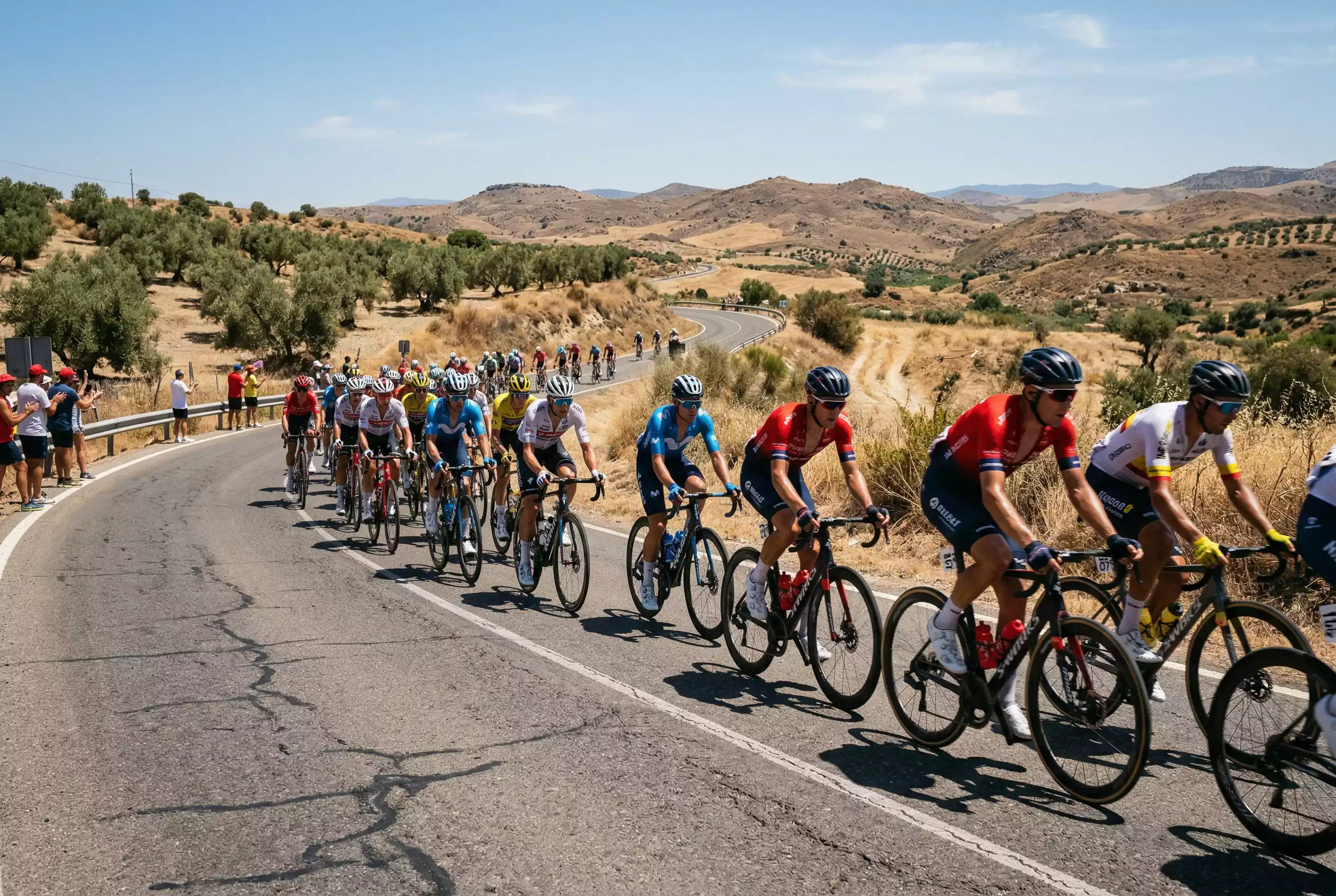 Ciclisti professionisti in corsa sotto il sole estivo su una strada spagnola durante la Vuelta a España